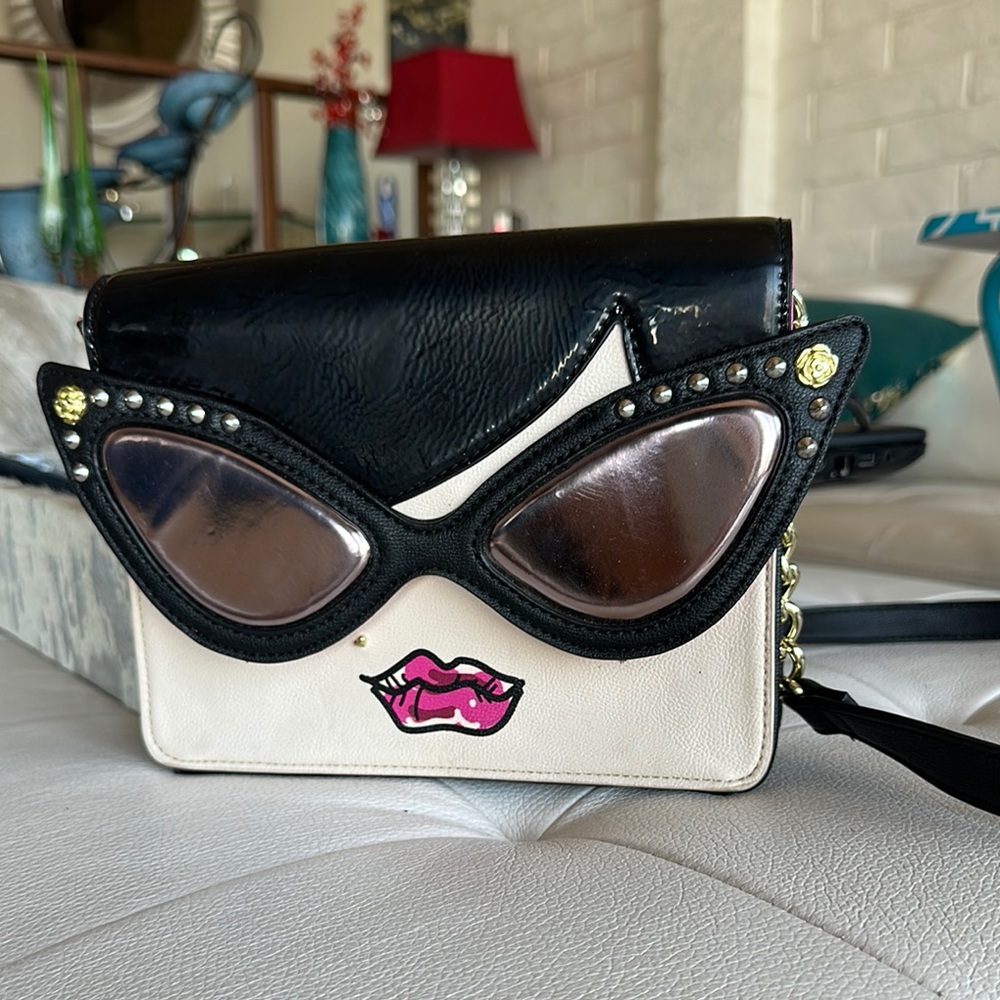 Betsey Johnson Black and Cream Crossbody Bag with Cat-Eye Desig